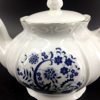 Vintage Blue White Porcelain Teapot Blue Onion Floral Design 6 