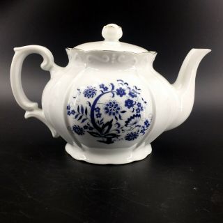Vintage Blue White Porcelain Teapot Blue Onion Floral Design 6 