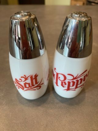 Vintage Westinghouse Gemco Milk Glass Salt Pepper Shakers Red Letters Writing