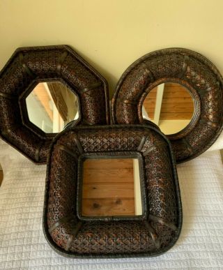 Set Of Three Small Mirrors With Thick Open Cane Wicker Frames