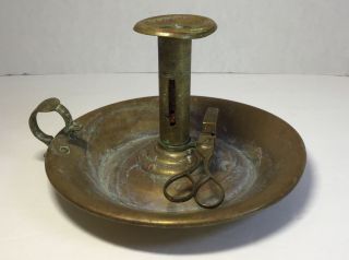 Antique Brass Push Up Candle Holder With Finger Loop And Wick Scissors