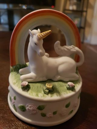 Enesco Unicorn Music Box Over The Rainbow Bisque Vintage Collectible Figurine