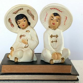 Vtg Mid Century Japan Asian Man Woman Ceramic Chalkware Figurine Pair Kitsch 50s