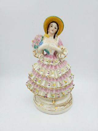 Vintage Ceramic Porcelain Figurine Of A Lady In Floral Colorful Dress 9379