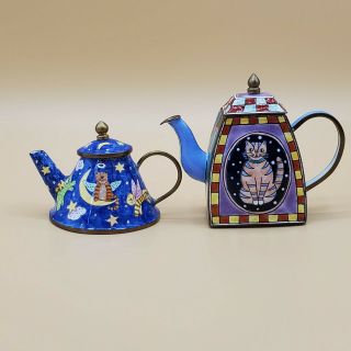 Miniature Enamel Teapots Set Of 2 Cat Theme