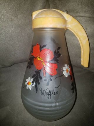 Vintage Hazel Atlas Waffle Syrup Pitcher Frosted Glass Gay Fad Flowers 8 3/4 " T