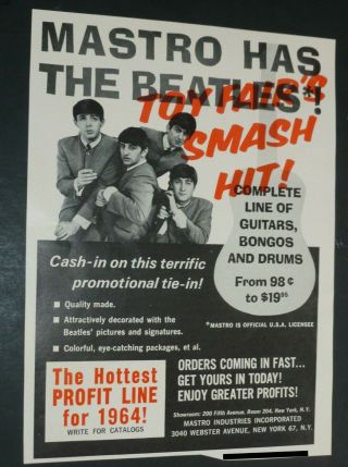 Rare Vtg 1964 Dealer Ad - Mastro Beatles Toy Guitar,  Bongos,  Drums 1960’s Promo