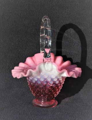 VTG 1940 ' S FENTON CRANBERRY OPALESCENT GLASS HOBNAIL SMALL BASKET MINI 3
