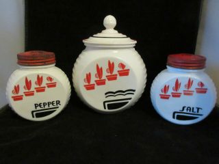 Fire King Flower Pot Vitrock Range Set - Grease Jar W Lid Salt & Pepper Red Lids