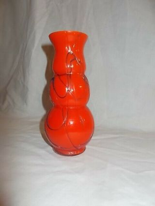 Czechoslovakian Tango Orange Art Glass Vase With Cobalt Threading,  Possibly Ruck