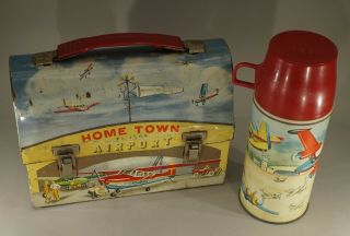 Vintage Home Town Airport Metal Dome Top Lunch Box With Thermos