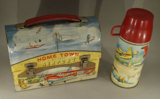 VINTAGE HOME TOWN AIRPORT METAL DOME TOP LUNCH BOX WITH THERMOS 2