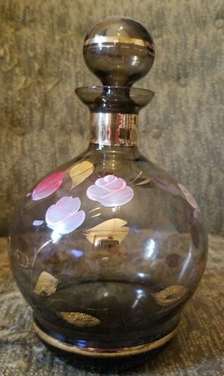 Vintage Art Deco Bohemian Czech Smoked Glass Decanter With Hand Painted Flowers