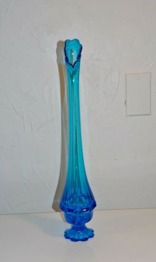 Vtg Fenton Art Glass Stretch Bud Vase Mcm Celeste Blue 16 3/8” Tall Unmarked
