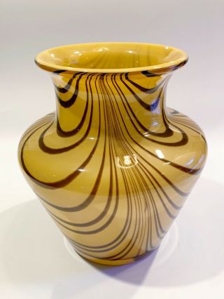 Vintage Blown Glass Large Vase Brown/yellow Amber Swirl Tigers Eye 1980s Art