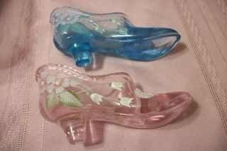 2 Fenton Art Glass Ladies Shoes Signed Hand Painted Corolene Style