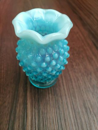 Vintage Fenton Blue Opalescent Hobnail Small Vase Ruffled Top 3 3/4 " Tall