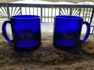 2 Vintage Cobalt Blue Glass Coffee Mugs Cups Made In Usa
