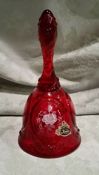 Vintage Fenton Art Glass Ruby Red W/hand Painted White Roses Signed Bell 6 3/4 "