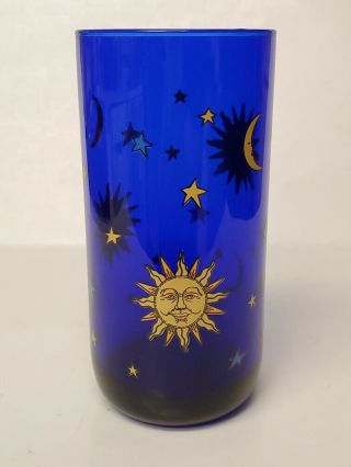 Vintage Libbey Celestial Sun Moon Stars Cobalt Blue Glass Cooler Tumbler 6 "