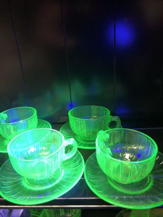 (4) Vintage Vaseline Uranium Green Depression Glass Tea Cup & Saucer Set 1930’s