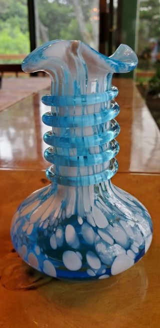 Blenko Hand Blown Art Glass Blue And White Spatter Glass