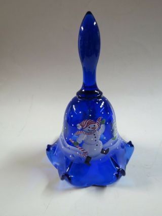 Fenton Glass Bell Cobalt Blue Hand Painted Snowman Holiday Christmas Signed