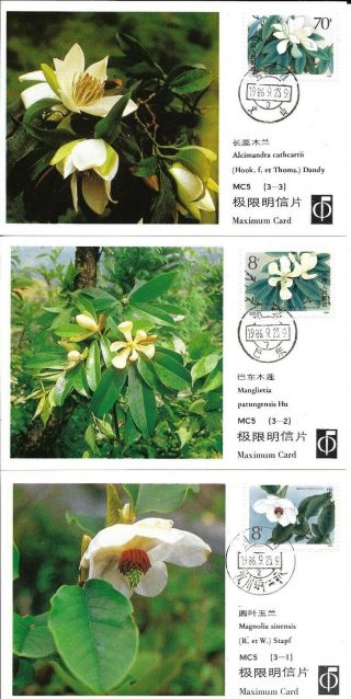 China 1986 Magnolias Set Of 3 Maxi Cards With Stamps On