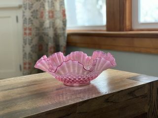 Large Fenton Glass Vintage Cranberry Pink Opalescent Hobnail Ruffled Bowl