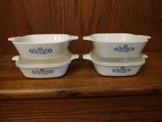 Corning Ware Blue Cornflower 4 Mini Casserole Dishes With 2 Plastic Lids - 1 3/4c