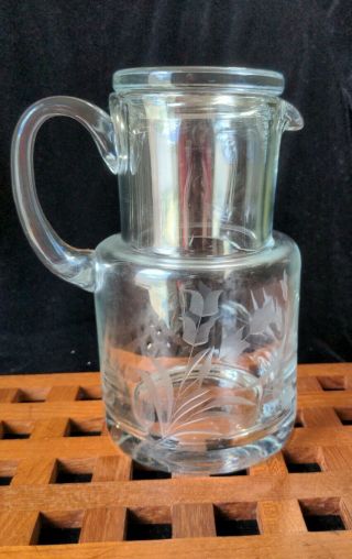 Vintage Bedside Etched Tumble - Up Water Set Carafe Tumbler Etched Glass Tulips