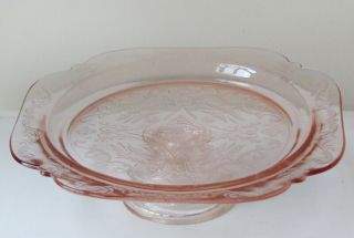 Antique Pink Depression Glass Cake Plate Stand Scalloped Ornate Display Pedestal