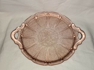 12.  5” Vintage Jeanette Cherry Blossom Pink Depression Glass Cake Plate W/handles