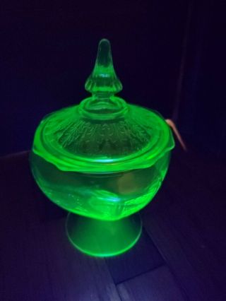 Princess Green Uranium Depression Glass By Anchor Hocking Candy Dish With Lid
