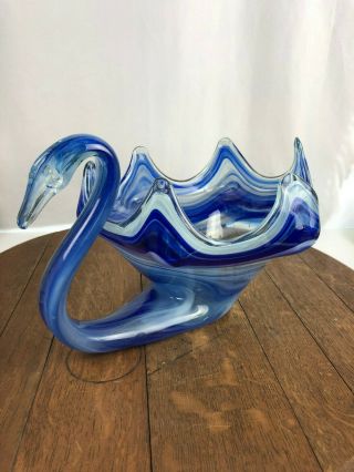Vintage Hand Blown Art Glass Blue Swan Swirled Murano Style Dish Wh - 6
