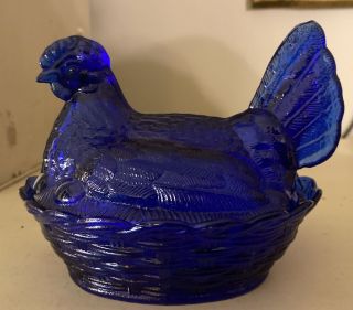 Cobalt Blue Hen Chicken On Nest Covered Dish 6”