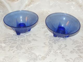 Royal Lace Cobalt Glass Straight Sided Candlestick Holders Hazel Atlas Pair