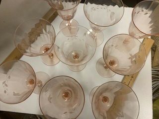 9 Vintage Depression Glass Pink Panel Optic Wine Glasses Etched Various