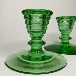 Antique Vintage Green Depression Glass Taper Candle Holders Pair 1930s