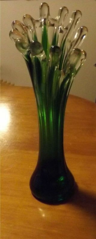 Vintage 14” Green Art Glass Vase Mid Century Hand Blown Stretch/swung Glass
