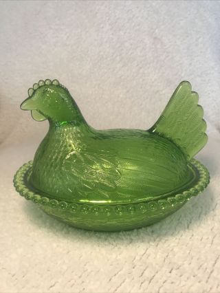 Vintage Indiana Green Glass Hen On Nest Covered Candy Dish W/lid,  No Chips/crack