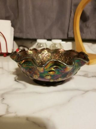 Fenton Blue/purple Iridescent Carnival Glass Bowl Persian Medallion Scallop