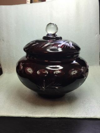 Bohemian Ruby Red Cut To Clear Candy Dish Bowl With Lid