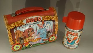 Vintage Bozo The Clown Metal Dome Top Lunch Box With Thermos