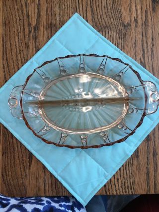 Anchor Hocking Oyster & Pearl Pink Depression Glass Divided Bowl 12 X 7.  5” Euc