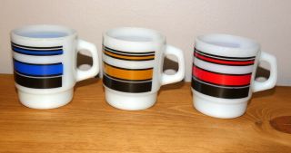 Vintage Anchor Hocking Fire King Cup Mug Striped Set Of Three Red Blue Brown