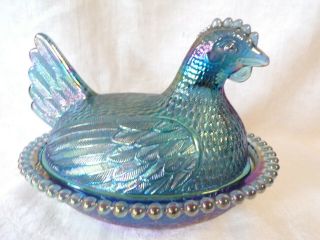 Vintage Indiana Blue Carnival Glass Hen On Nest Candy Dish