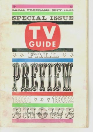 Vintage - Tv Guide Sept 16 1961 - Fall Preview 61/62 Shows - Very Good