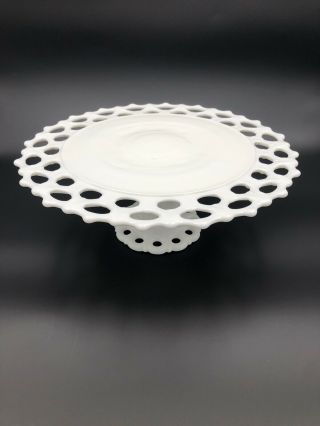 Vintage Lace Edge Milk Glass Pedestal Cake Stand 11” Wide Unmarked