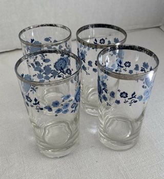 Vintage Set Of 4 Drinking Glasses Blue Flowers Silver Rims Old Set